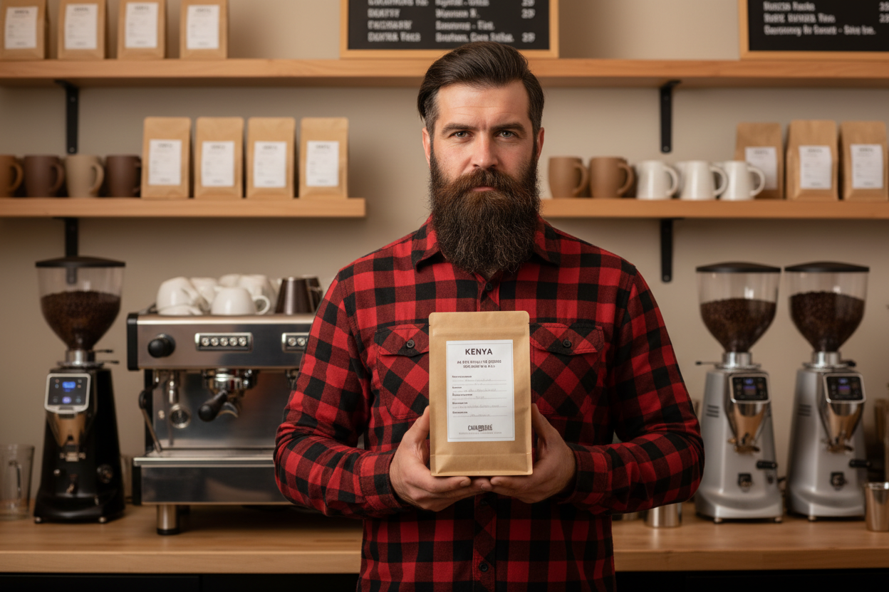 Drwal z kawą Kenya w kawiarni